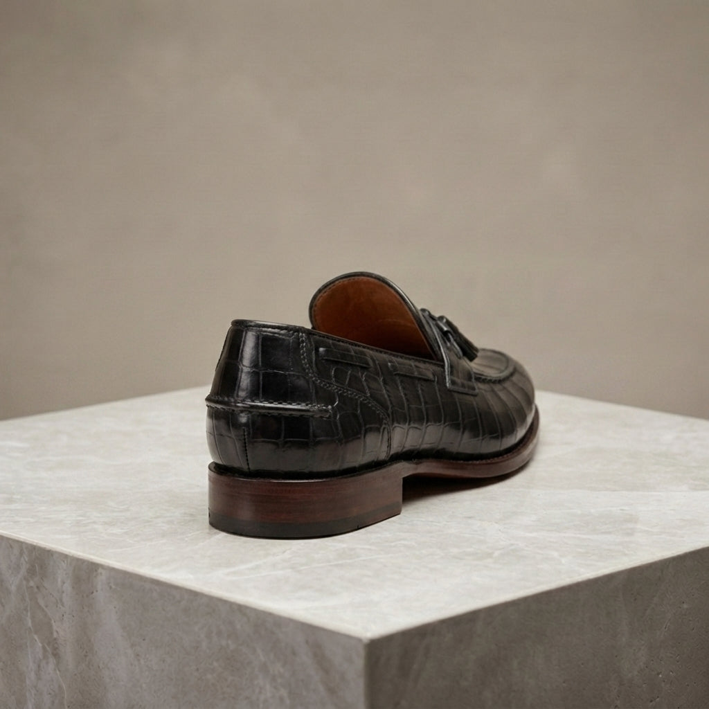 Black Crocodile-Print Leather Favonio Tassel Loafer with Natural Leather Sole – heel view
