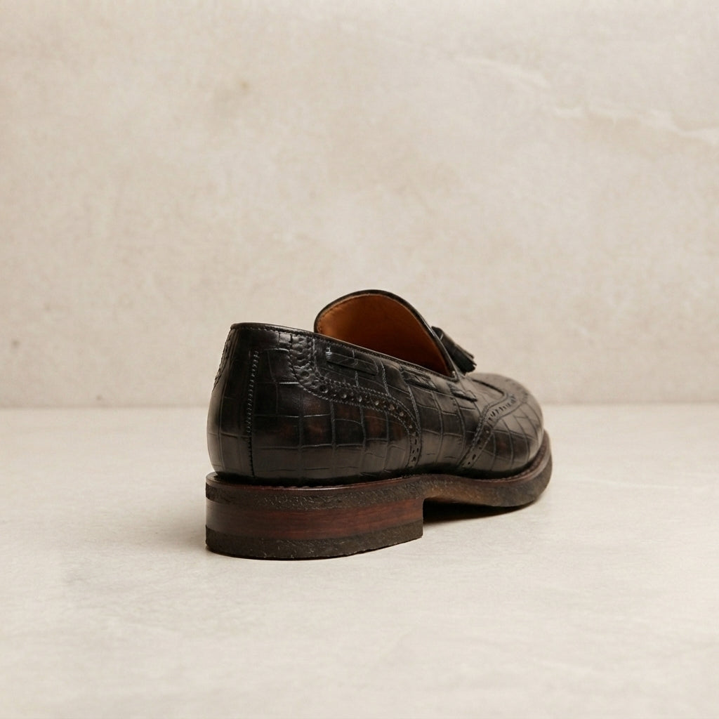 Black Crocodile-Print Leather Favonio Tassel Loafer with Natural Leather Sole – heel view