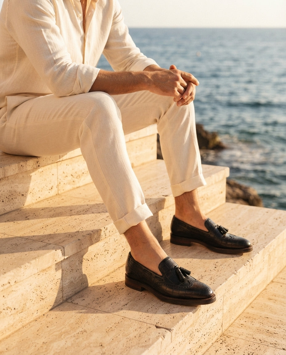 Black Crocodile-Print Leather Favonio Tassel Loafer with Natural Leather Sole – lifestyle
