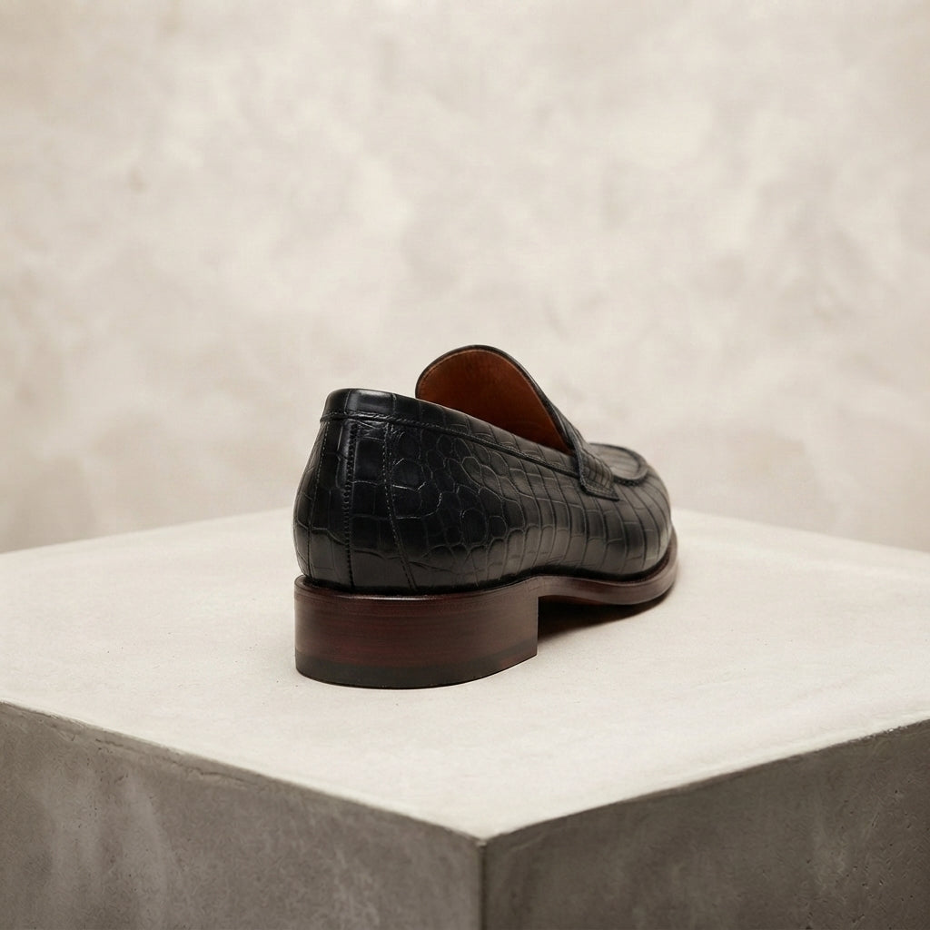 Height Increasing Black Crocodile-Print Leather Garbin Penny Loafer with Natural Leather Sole - 3 Inch Hidden Heel – heel view