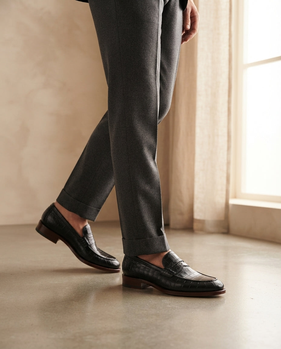 Height Increasing Black Crocodile-Print Leather Garbin Penny Loafer with Natural Leather Sole - 3 Inch Hidden Heel – lifestyle