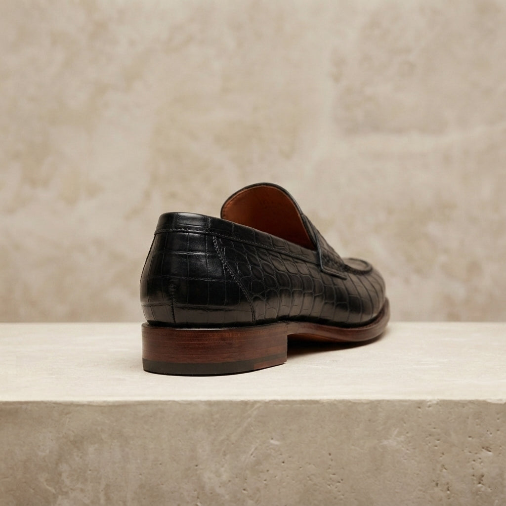 Black Crocodile-Print Leather Garbin Penny Loafer with Natural Leather Sole – heel view