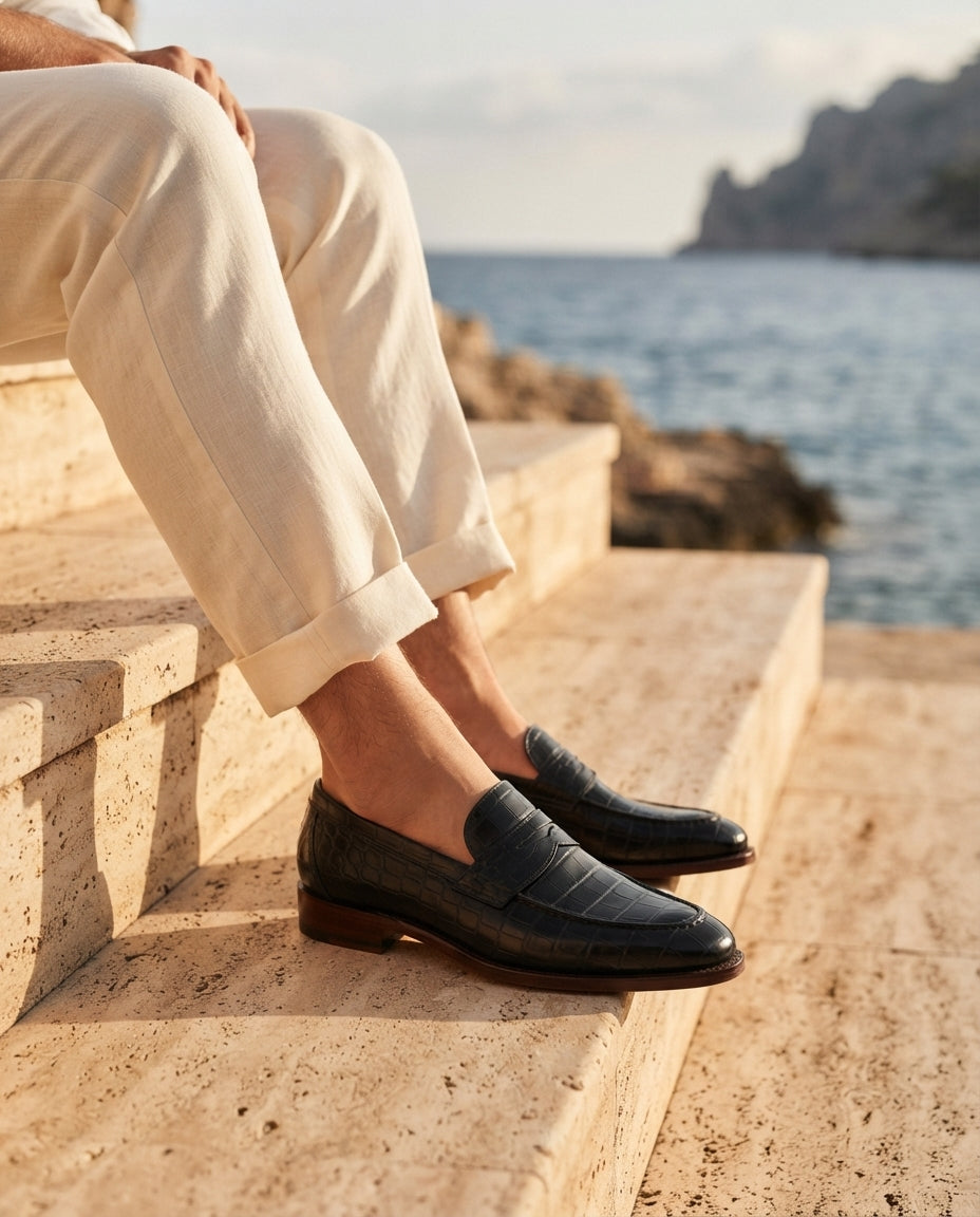 Black Crocodile-Print Leather Garbin Penny Loafer with Natural Leather Sole – lifestyle