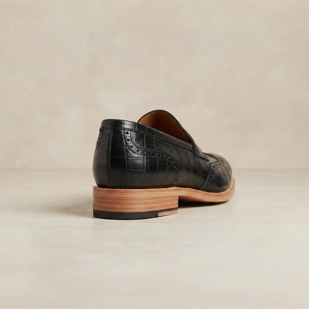Height Increasing Black Crocodile-Print Leather Garbin Penny Loafer with Natural Leather Sole - 3 Inch Hidden Heel – heel view