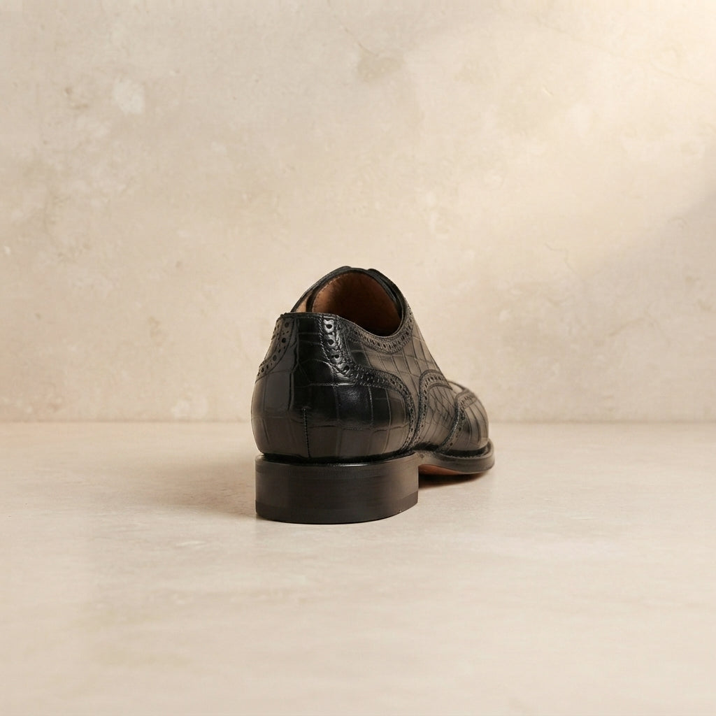 Height Increasing Black Crocodile-Print Leather Libeccio Oxford with Natural Leather Sole - 3 Inch Hidden Heel – heel view