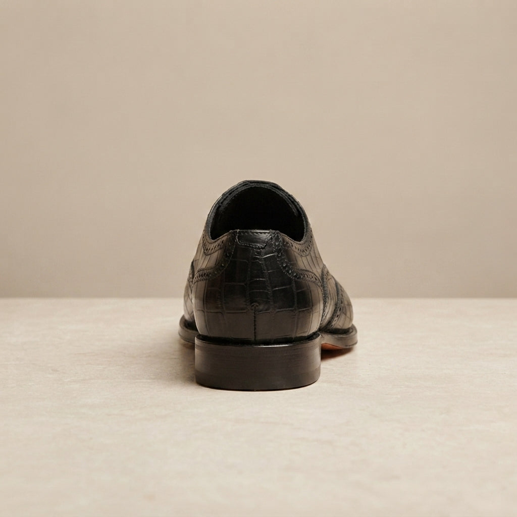 Black Crocodile-Print Leather Libeccio Oxford with Natural Leather Sole – heel view