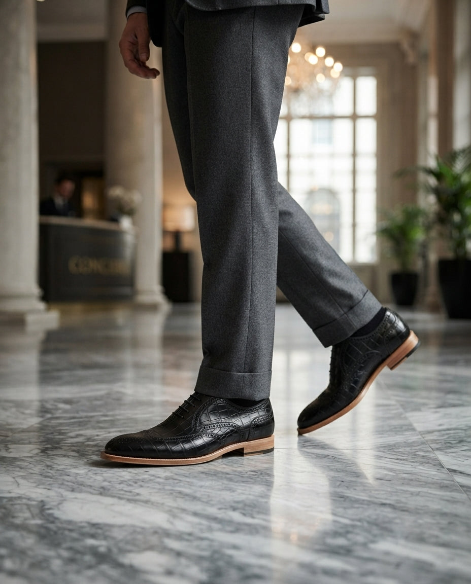 Black Crocodile-Print Leather Libeccio Oxford with Natural Leather Sole – lifestyle