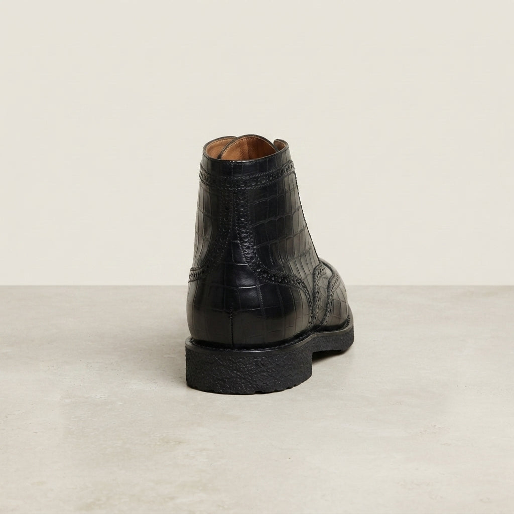 Height Increasing Black Crocodile-Print Leather Libeccio Brogue Ankle Boot with Natural Leather Sole - 3 Inch Hidden Heel – heel view