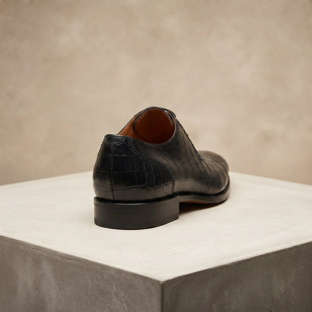 Height Increasing Black Crocodile-Print Leather Libeccio Whole Cut Oxford with Natural Leather Sole - 3 Inch Hidden Heel – heel view
