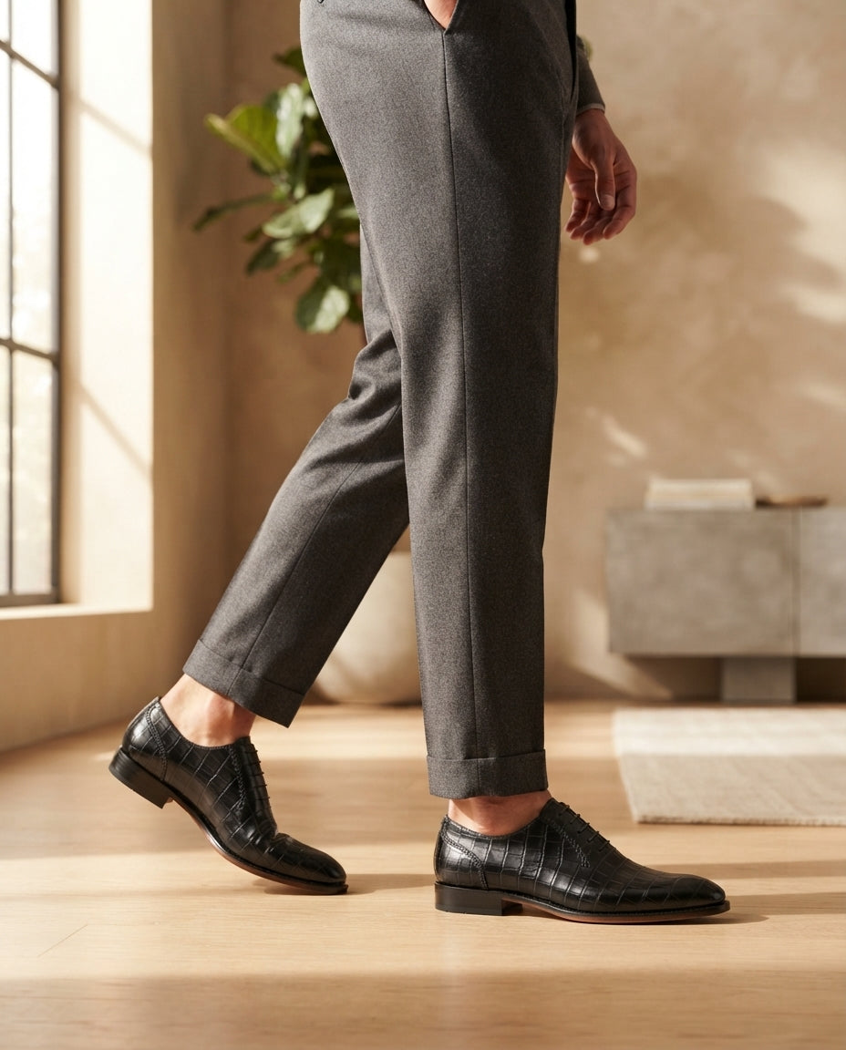 Height Increasing Black Crocodile-Print Leather Libeccio Whole Cut Oxford with Natural Leather Sole - 3 Inch Hidden Heel – lifestyle