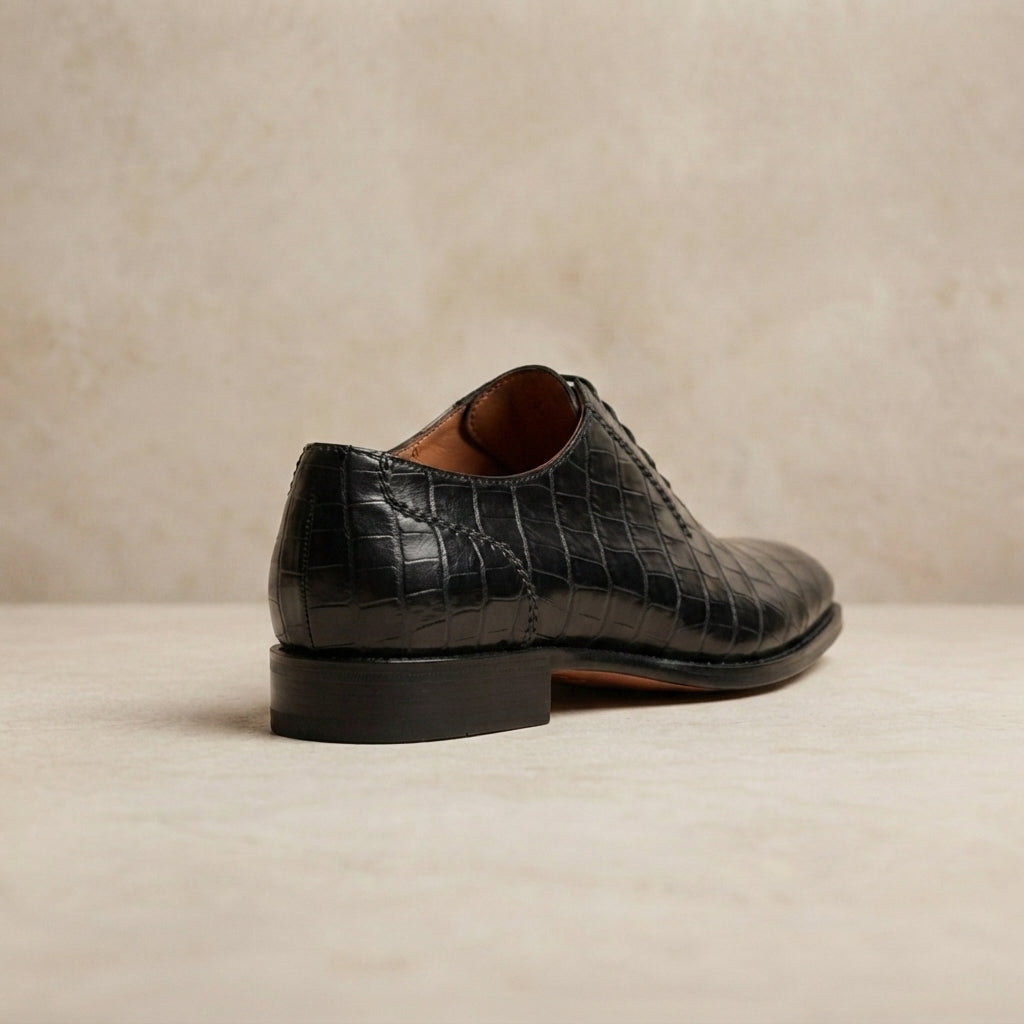 Black Crocodile-Print Leather Libeccio Whole Cut Oxford with Natural Leather Sole – heel view