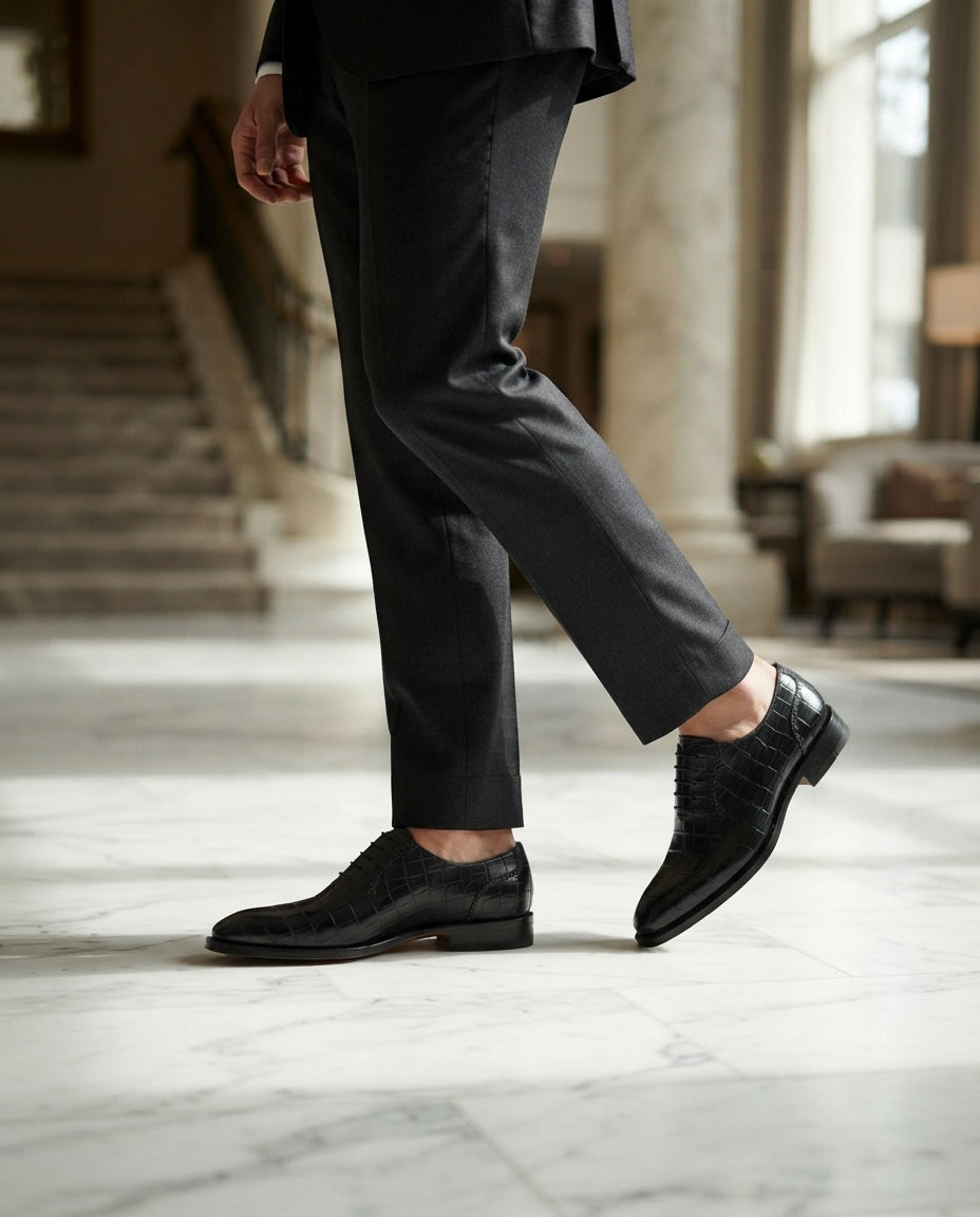 Black Crocodile-Print Leather Libeccio Whole Cut Oxford with Natural Leather Sole – lifestyle