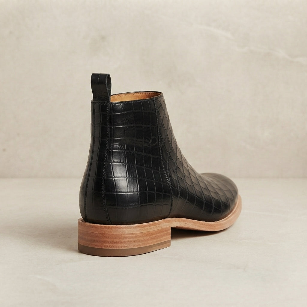 Height Increasing Black Crocodile-Print Leather Libeccio Chelsea Boot with Natural Leather Sole - 3 Inch Hidden Heel – heel view