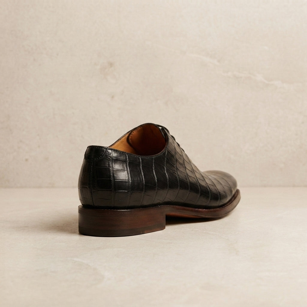 Black Crocodile-Print Leather Libeccio Chelsea Boot with Natural Leather Sole – heel view