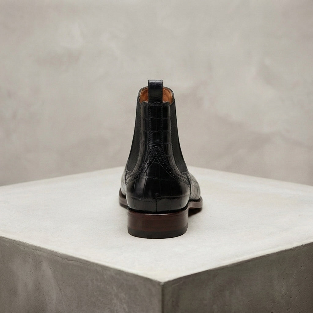 Height Increasing Black Crocodile-Print Leather Tramontana Chelsea Boot with Natural Leather Sole - 3 Inch Hidden Heel – heel view