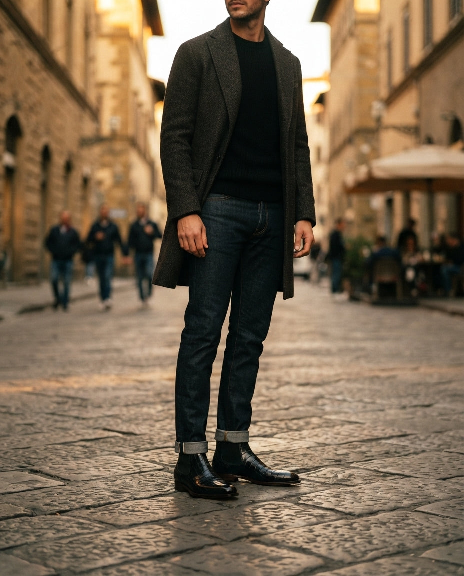 Height Increasing Black Crocodile-Print Leather Tramontana Chelsea Boot with Natural Leather Sole - 3 Inch Hidden Heel – lifestyle