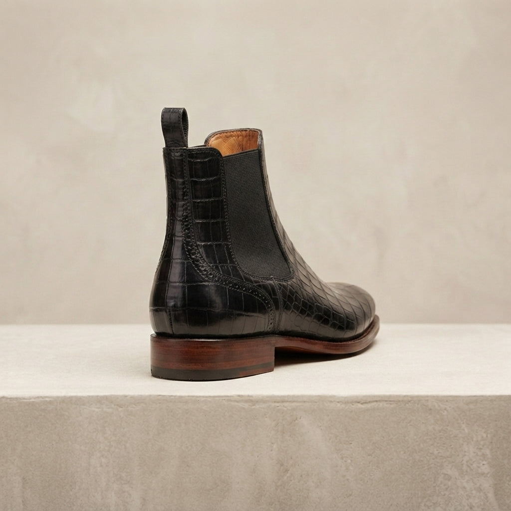 Black Crocodile-Print Leather Tramontana Chelsea Boot with Natural Leather Sole – heel view