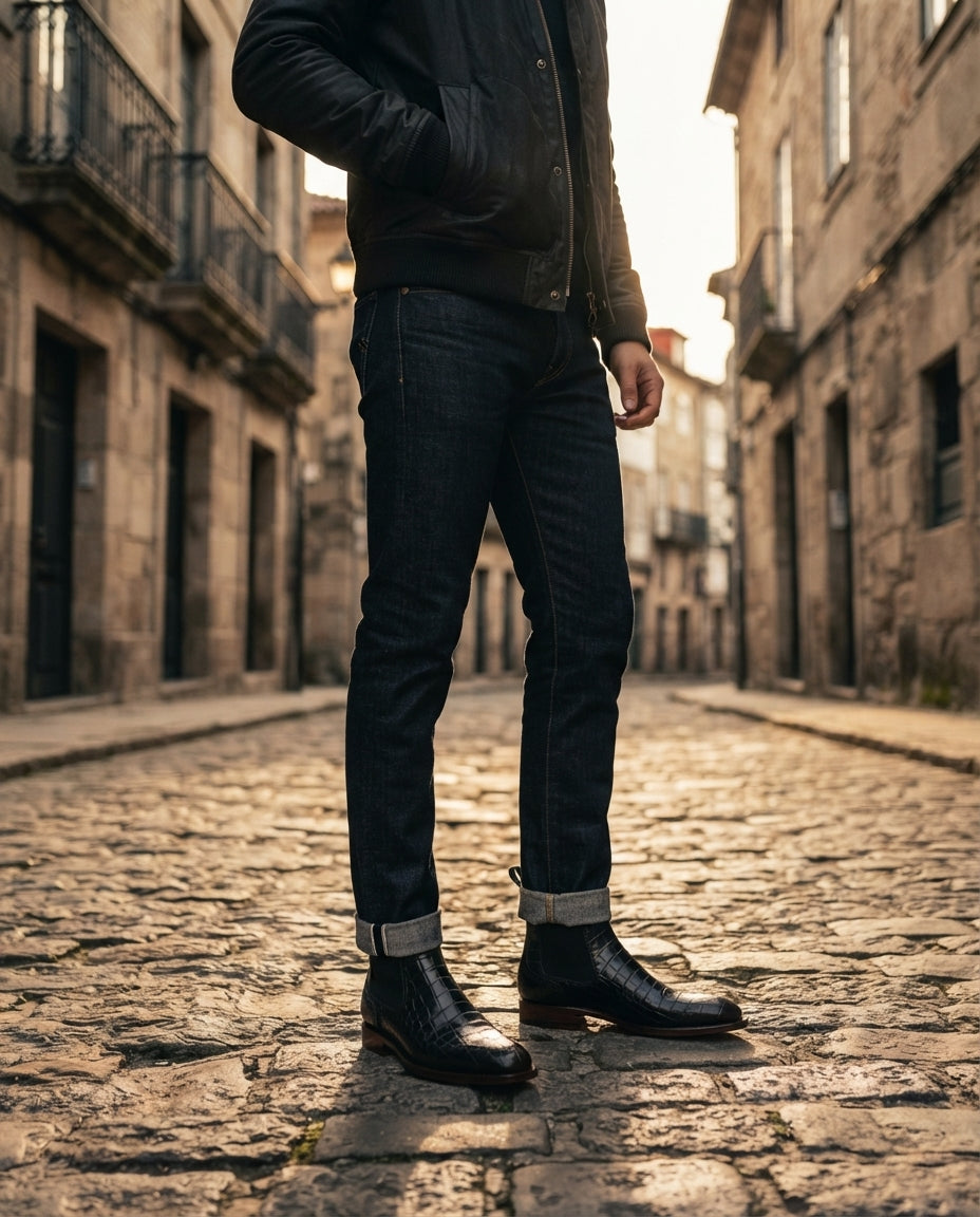Black Crocodile-Print Leather Tramontana Chelsea Boot with Natural Leather Sole – lifestyle