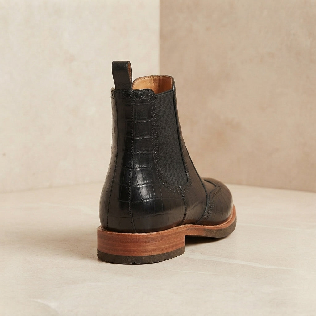 Height Increasing Black Crocodile-Print Leather Tramontana Chelsea Boot with Natural Leather Sole - 3 Inch Hidden Heel – heel view