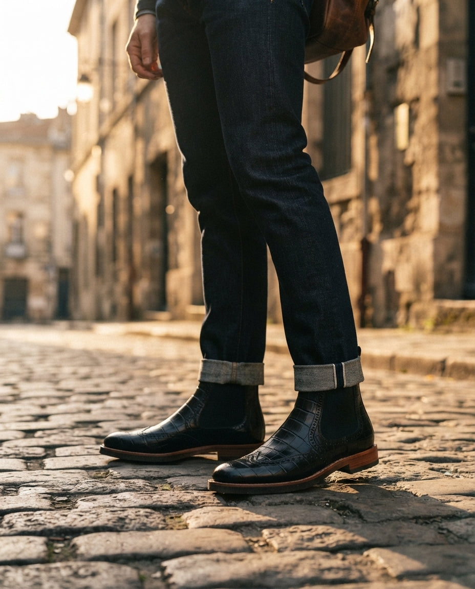 Height Increasing Black Crocodile-Print Leather Tramontana Chelsea Boot with Natural Leather Sole - 3 Inch Hidden Heel – lifestyle