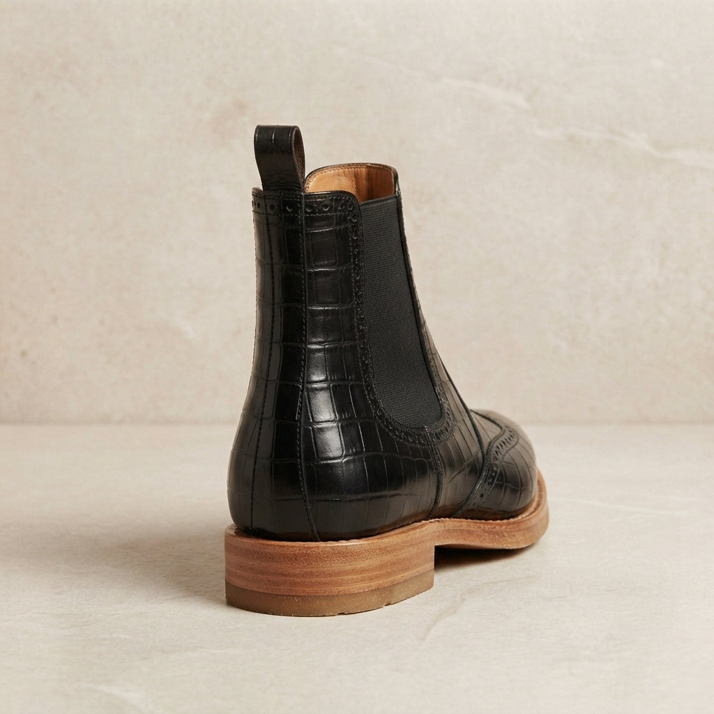 Black Crocodile-Print Leather Tramontana Chelsea Boot with Natural Leather Sole – heel view