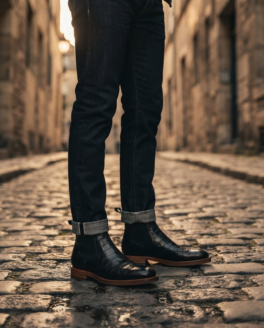 Black Crocodile-Print Leather Tramontana Chelsea Boot with Natural Leather Sole – lifestyle