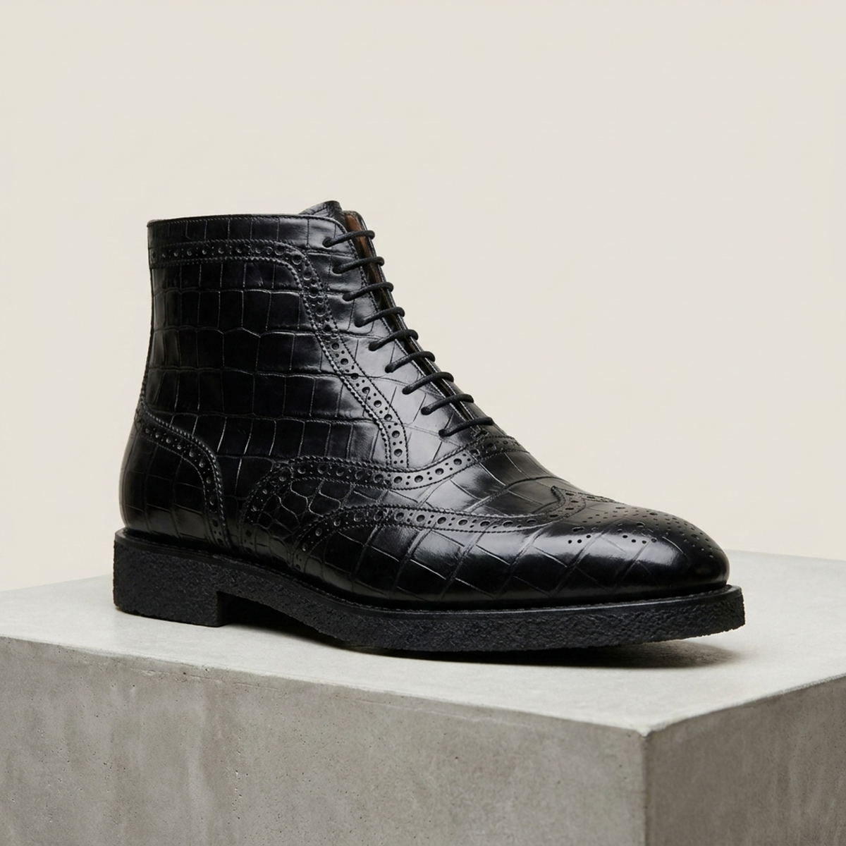 Black Crocodile-Print Leather Libeccio Brogue Ankle Boot with Natural Leather Sole