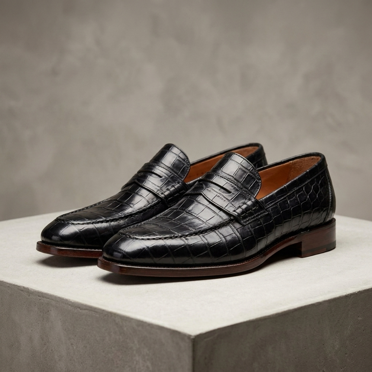 Black Crocodile-Print Leather Garbin Penny Loafer with Natural Leather Sole