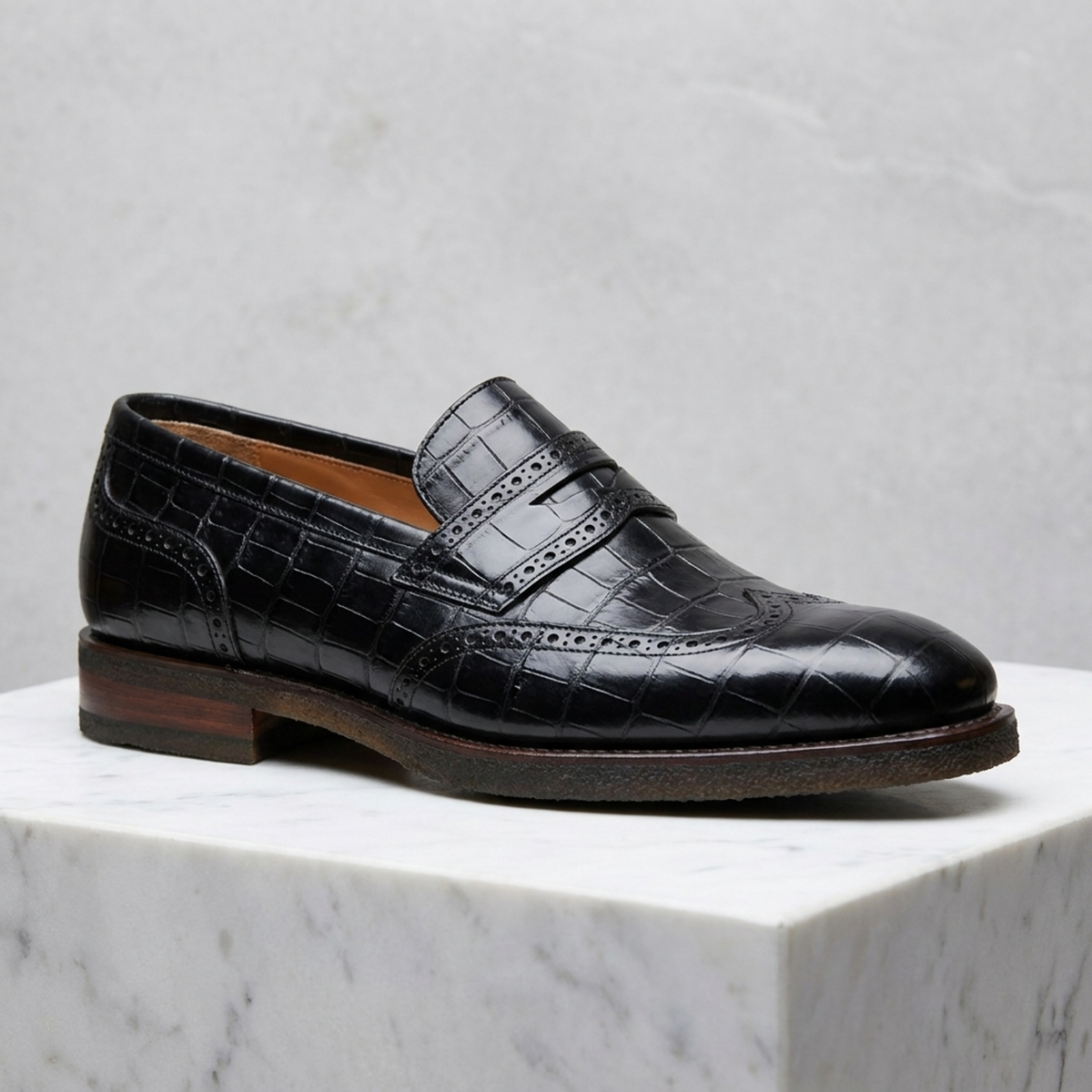 Black Crocodile-Print Leather Nervi Wingtip Penny Loafer with Natural Leather Sole