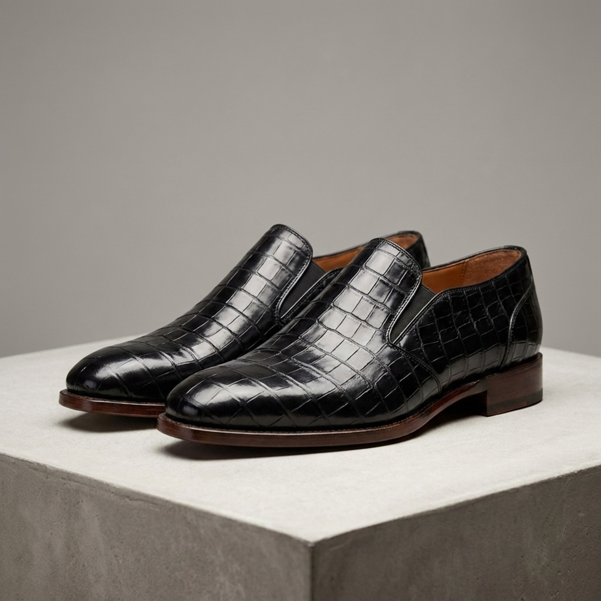 Height Increasing Black Crocodile-Print Leather Cassia Venetian Loafer - 3 Inch Hidden Heel