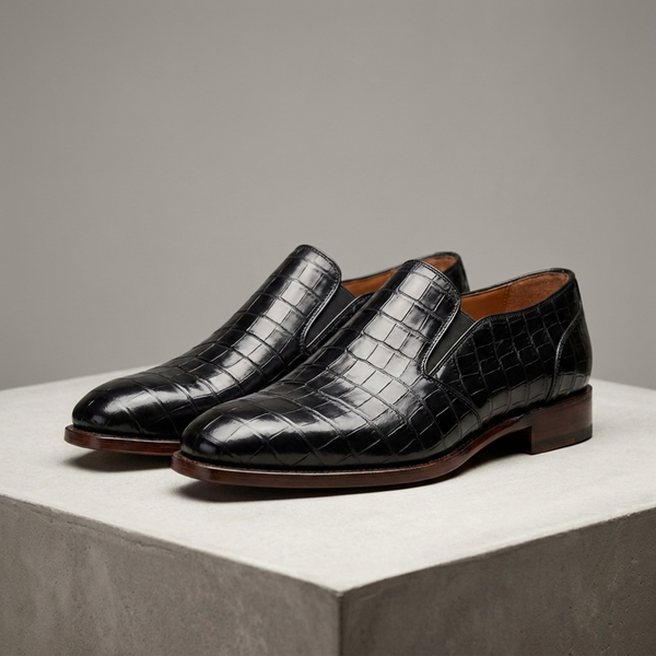 Height Increasing Black Crocodile-Print Leather Cassia Venetian Loafer - 3 Inch Hidden Heel