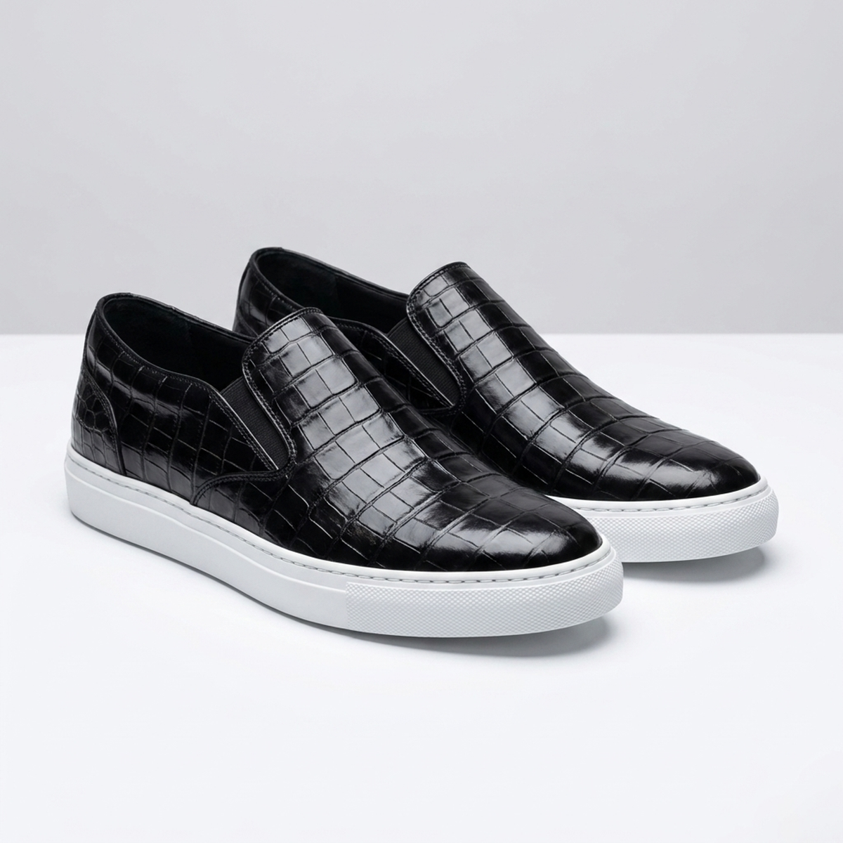 Black Crocodile-Print Leather Flaminia Slip-On Sneaker with White Cup Sole