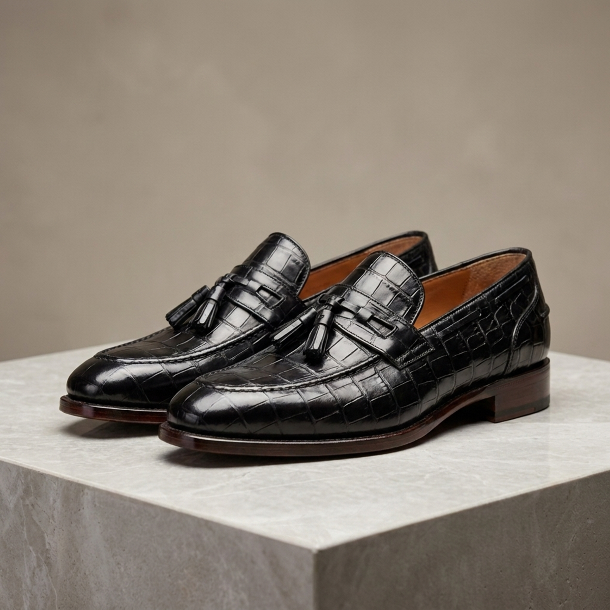 Height Increasing Black Crocodile-Print Leather Favonio Tassel Loafer with Natural Leather Sole - 3 Inch Hidden Heel
