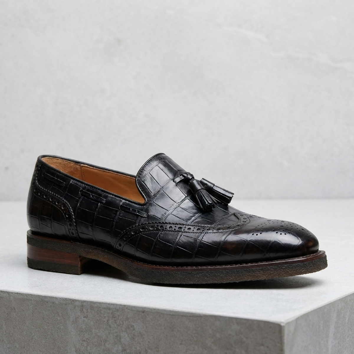 Height Increasing Black Crocodile-Print Leather Arenzano Wingtip Tassel Loafer with Natural Leather Sole - 3 Inch Hidden Heel