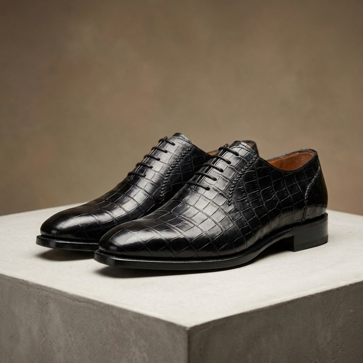Black Crocodile-Print Leather Libeccio Whole Cut Oxford with Natural Leather Sole