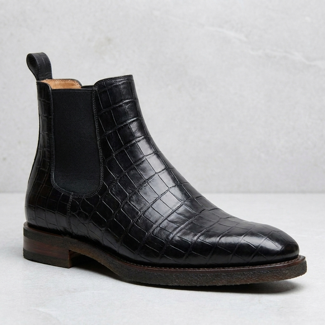 Height Increasing Black Crocodile-Print Leather Libeccio Chelsea Boot with Natural Leather Sole - 3 Inch Hidden Heel
