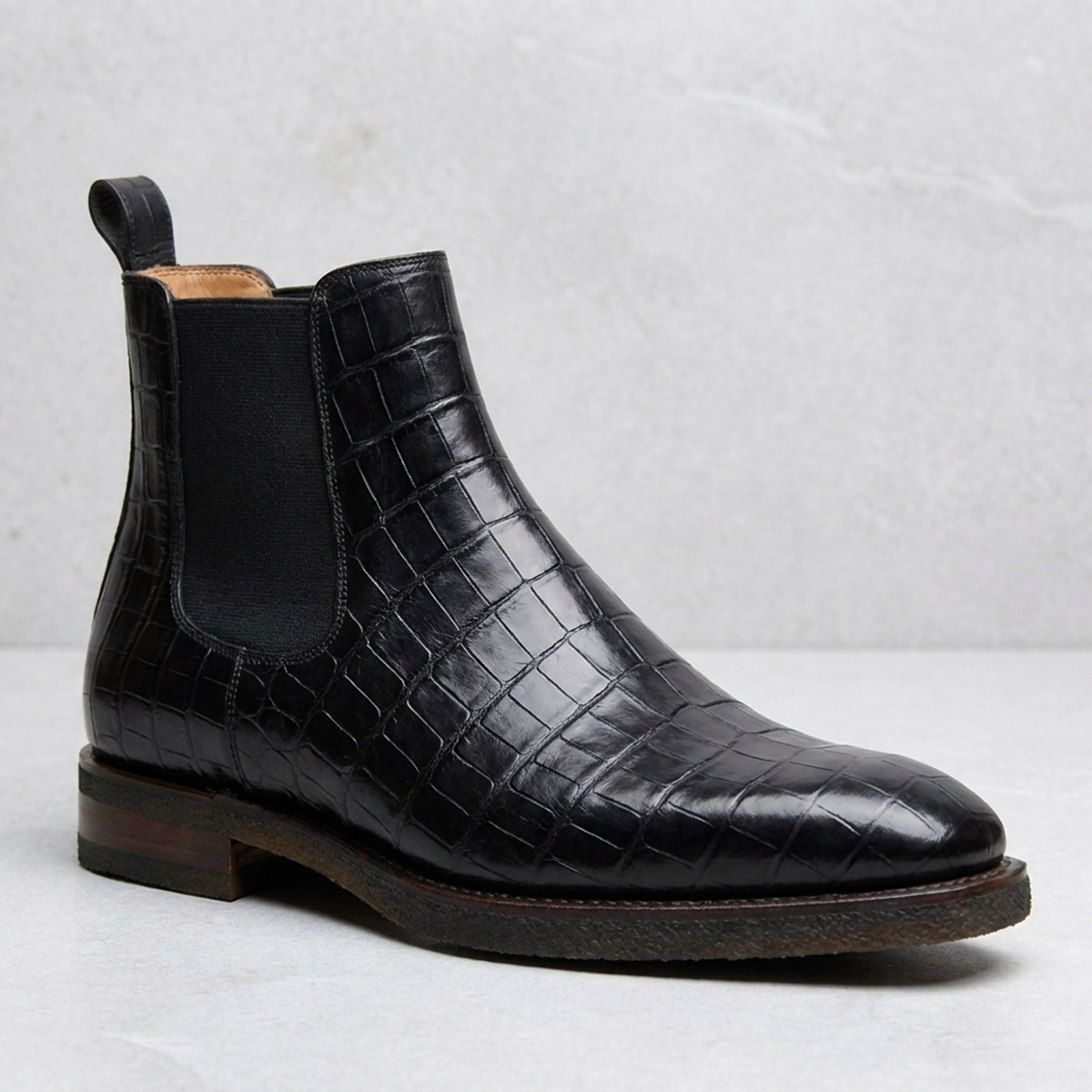 Height Increasing Black Crocodile-Print Leather Libeccio Chelsea Boot with Natural Leather Sole - 3 Inch Hidden Heel