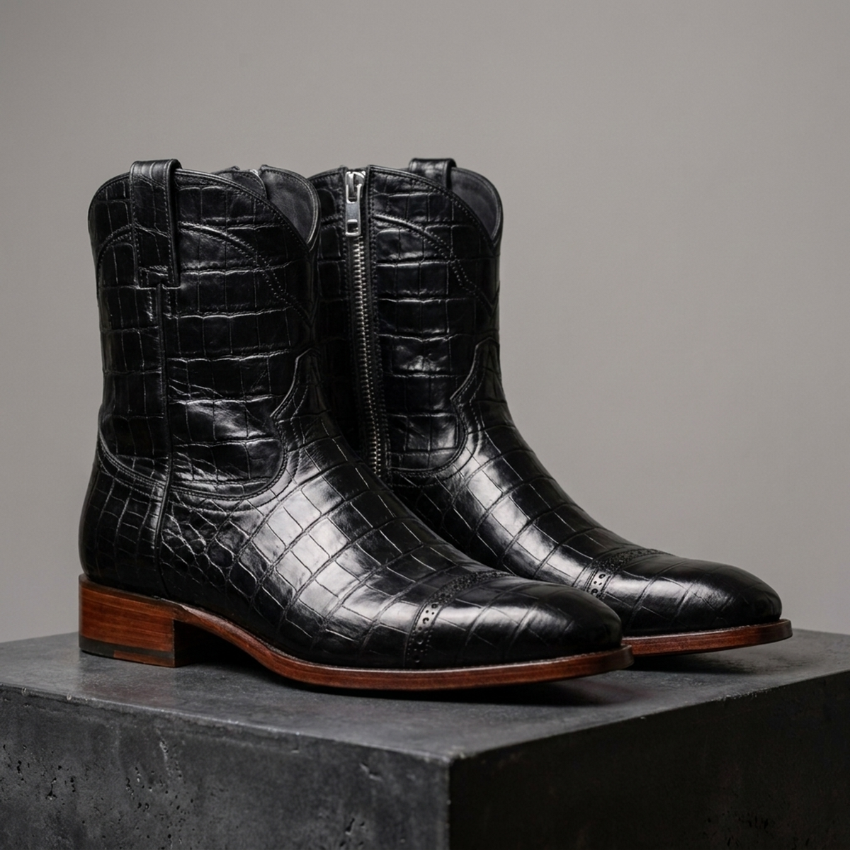Black Crocodile-Print Leather Burrasca Zipper Cowboy Boot with Natural Leather Sole