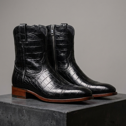 Black Crocodile-Print Leather Burrasca Zipper Cowboy Boot with Natural Leather Sole