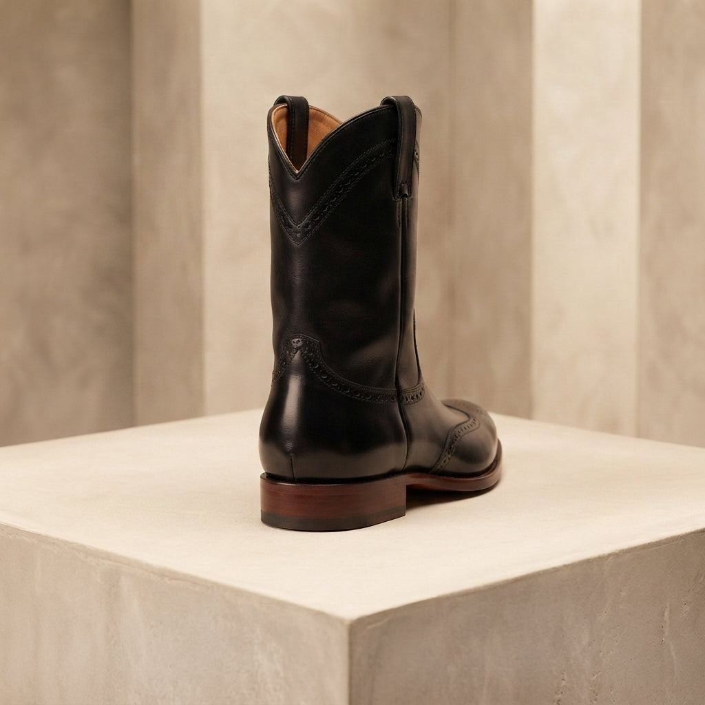 Height Increasing Black Leather Burrasca Cowboy Boot with Natural Leather Sole - 3 Inch Hidden Heel – heel view