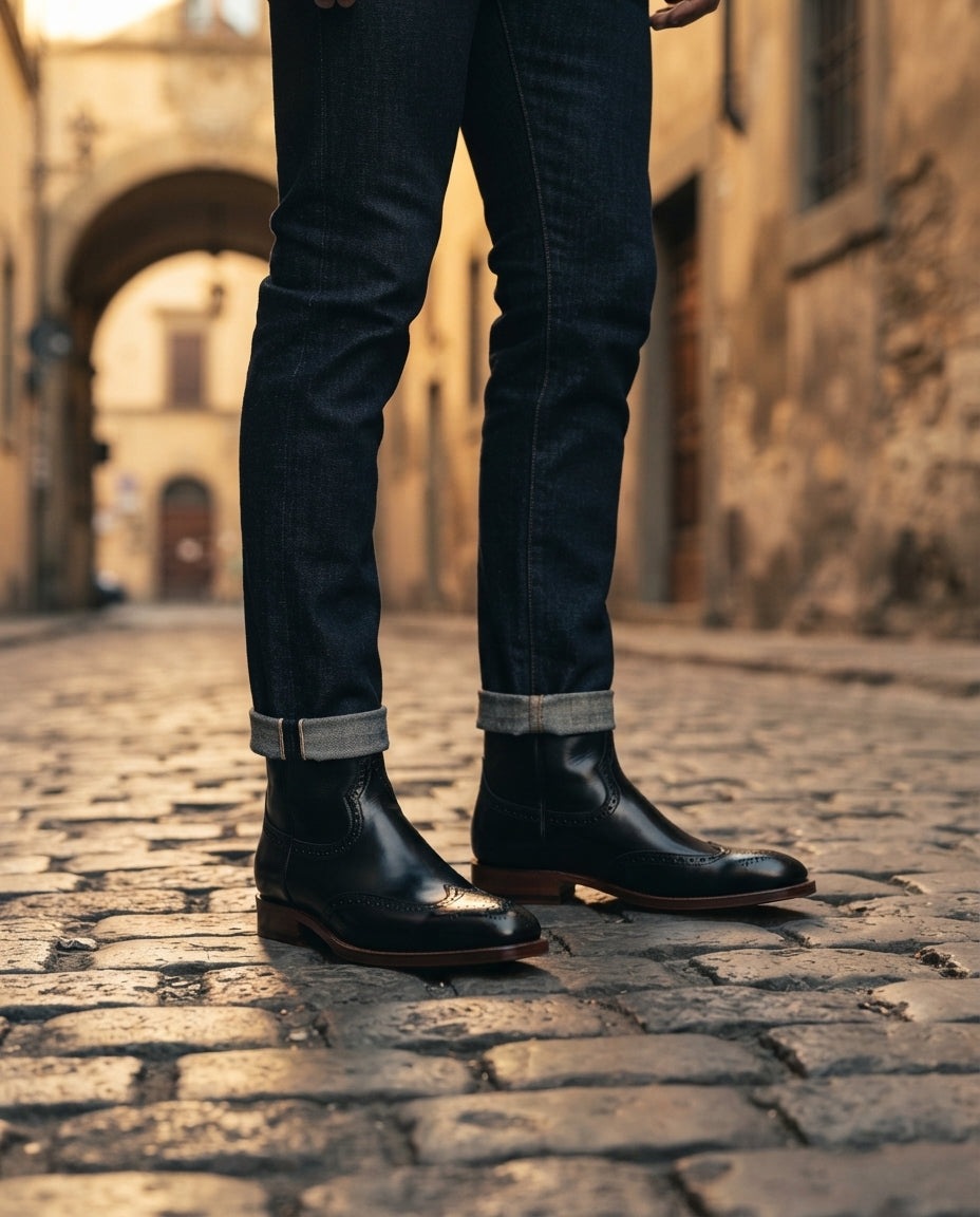 Height Increasing Black Leather Burrasca Cowboy Boot with Natural Leather Sole - 3 Inch Hidden Heel – lifestyle