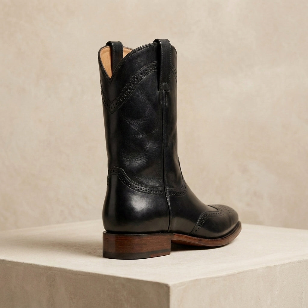 Black Leather Burrasca Cowboy Boot with Natural Leather Sole – heel view