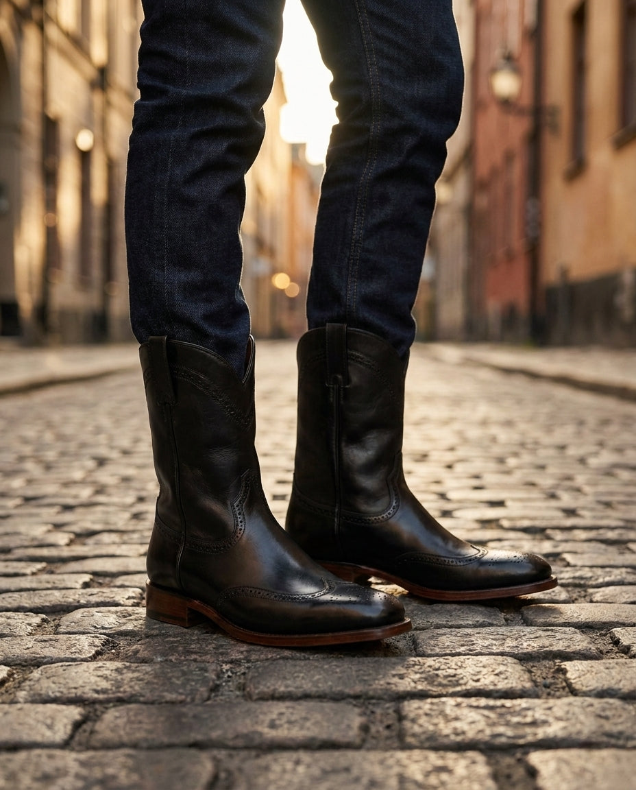 Black Leather Burrasca Cowboy Boot with Natural Leather Sole – lifestyle