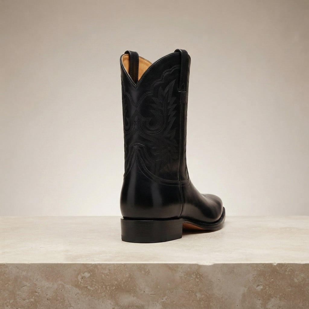 Height Increasing Black Leather Burrasca Cowboy Boot with Natural Leather Sole - 3 Inch Hidden Heel – heel view
