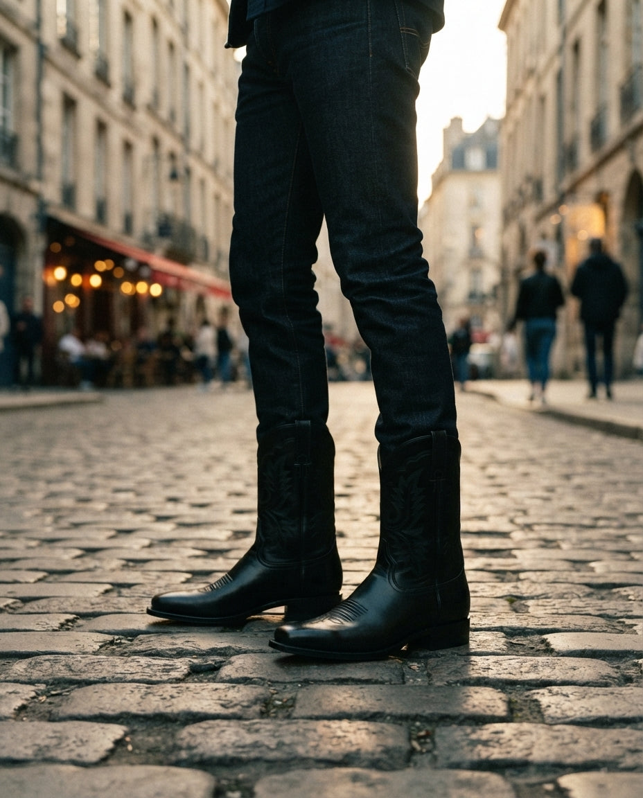 Height Increasing Black Leather Burrasca Cowboy Boot with Natural Leather Sole - 3 Inch Hidden Heel – lifestyle