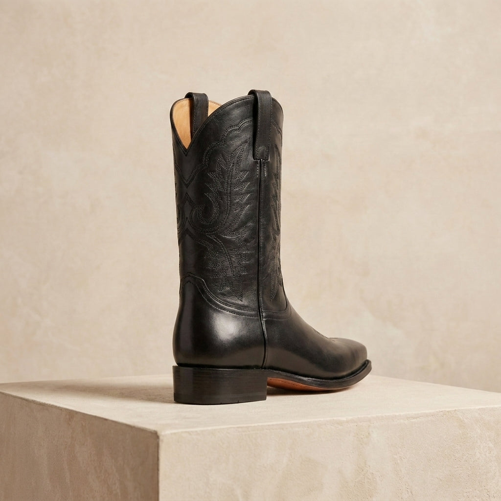 Black Leather Burrasca Cowboy Boot with Natural Leather Sole – heel view