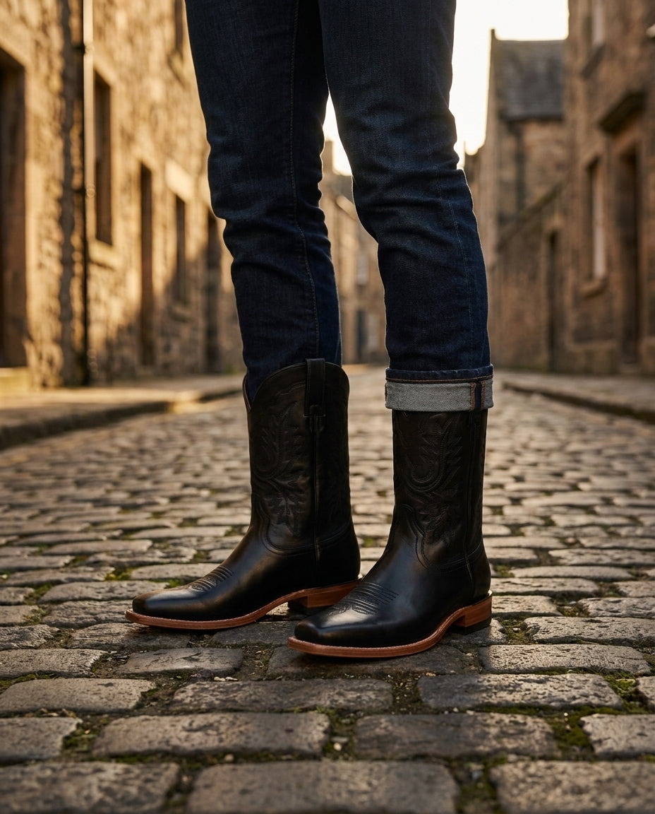 Black Leather Burrasca Cowboy Boot with Natural Leather Sole – lifestyle