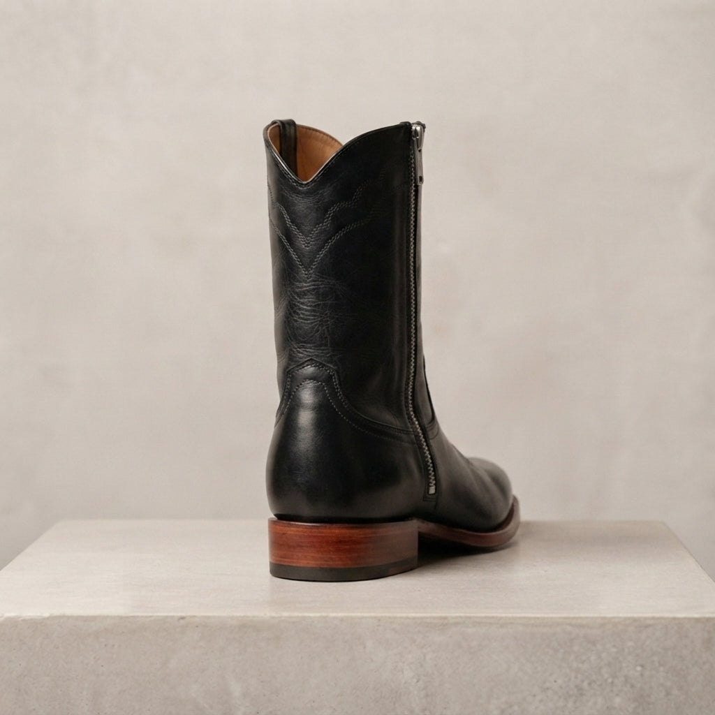 Height Increasing Black Leather Burrasca Zipper Cowboy Boot with Natural Leather Sole - 3 Inch Hidden Heel – heel view