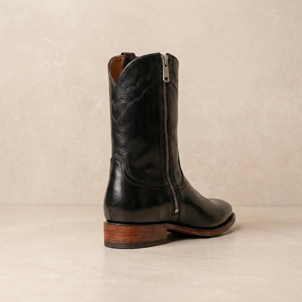 Black Leather Burrasca Zipper Cowboy Boot with Natural Leather Sole – heel view