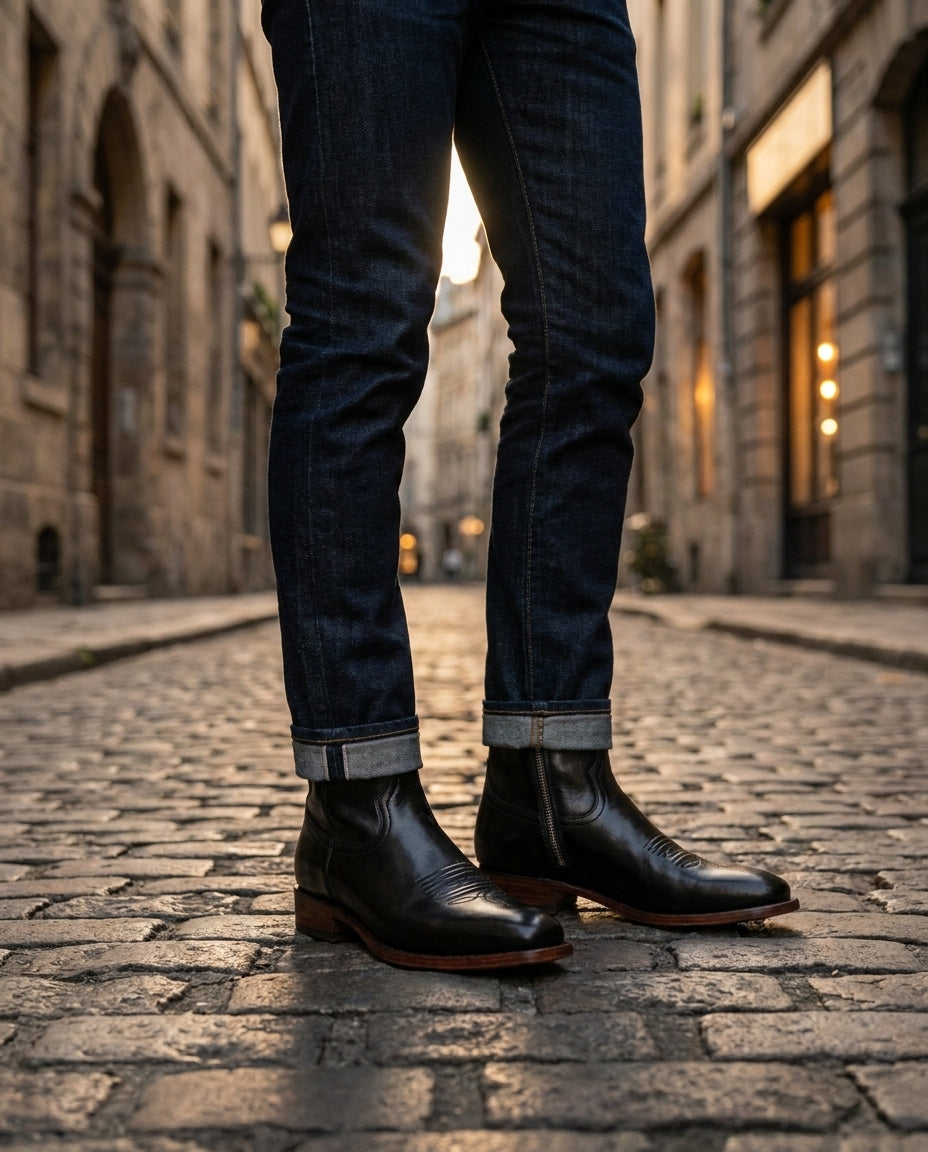 Black Leather Burrasca Zipper Cowboy Boot with Natural Leather Sole – lifestyle